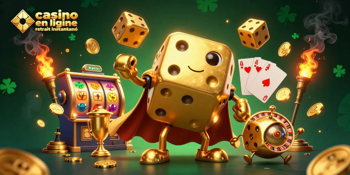 Découvrez le casino en ligne retrait instantané avec des dés dorés et des éléments de machine à sous animés.