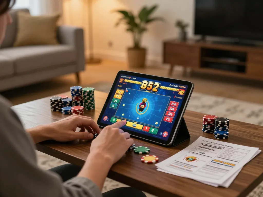 Engage with b52 casino gaming on a tablet in a cozy home setting, showcasing dynamic gameplay.