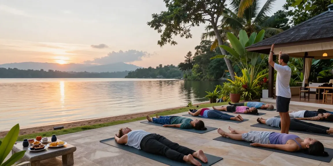 Yoga teacher trainings Sri Lanka with peaceful practitioners at dawn on Koggala Lake.