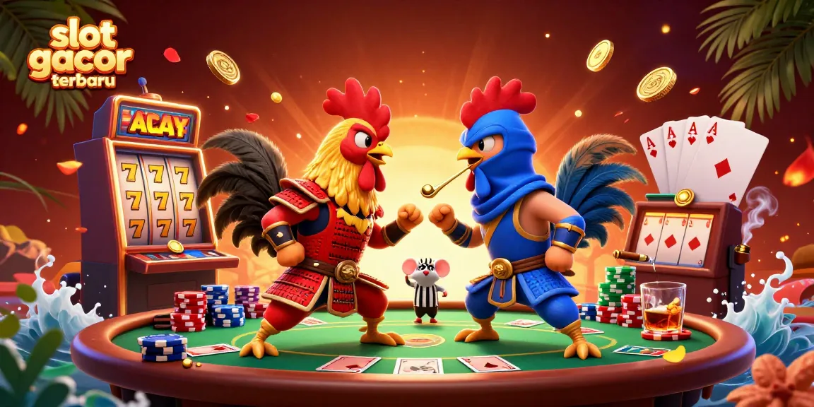 Engage with slot gacor terbaru action featuring dynamic roosters, slot reels, and vibrant casino elements.