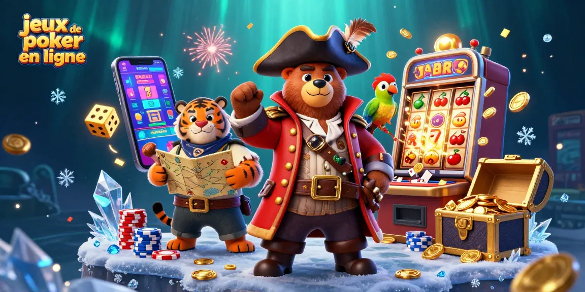 Jouez aux jeux de poker en ligne avec ce décor riche et dynamique, mettant en scène un ours pirate et un tigre.