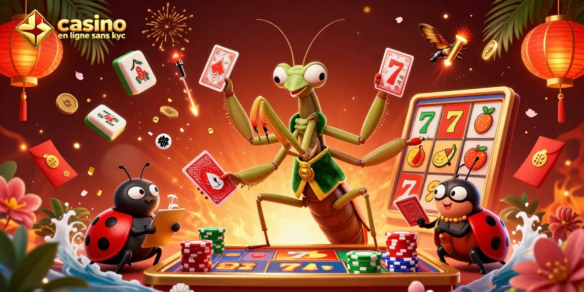 Illustration dynamique représentant un casino en ligne sans kyc avec une mante religieuse croupière et des éléments de jeux de machines à sous.