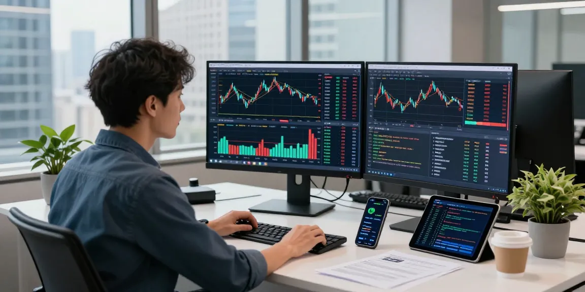 Developer analyzing real-time market trends using the US algo trading stock API in a modern office environment.