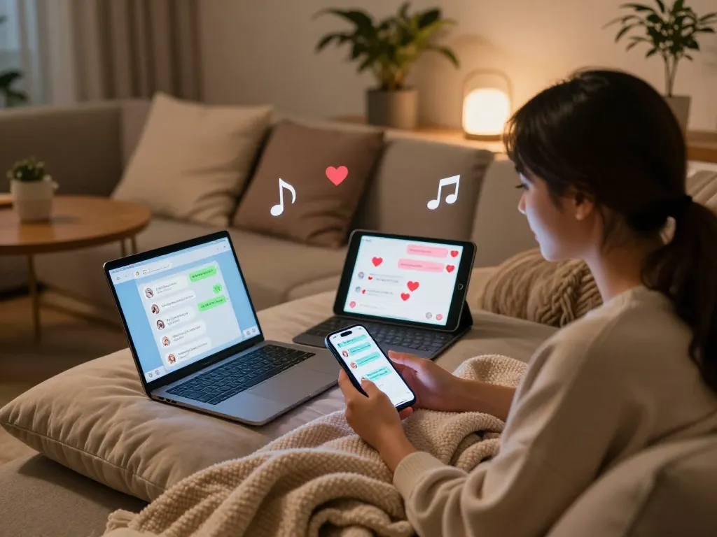Engaging couple exploring ai sex chat on devices in a cozy digital lounge.