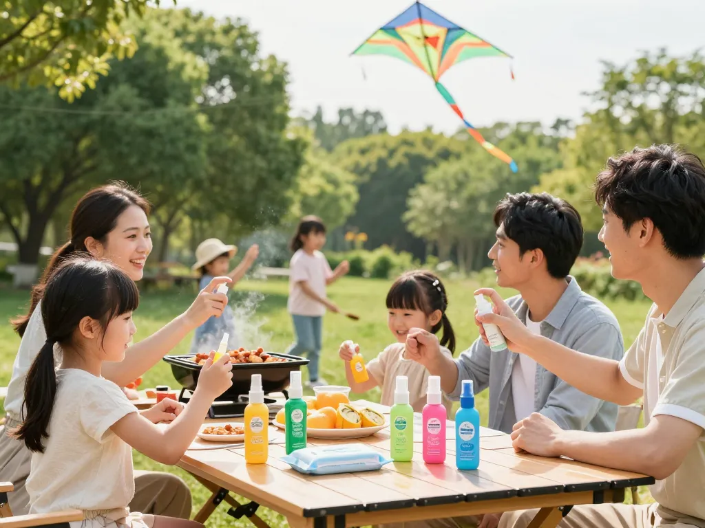Family applying mosquito repellent during outdoor picnic, highlighting effective mosquito protection in a lush summer setting.