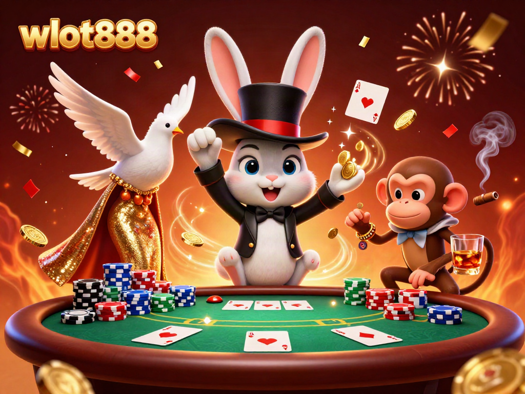 Pemain wslot888 merasakan keajaiban slot dengan suasana magis dikelilingi koin emas dan kartu poker.
