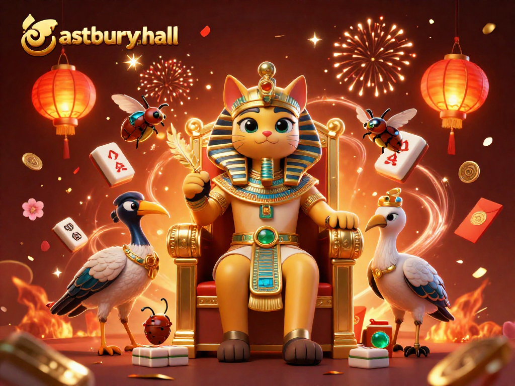 Join the fun at astburyhall with a vibrant casino-themed scene featuring lucky symbols and festive characters.