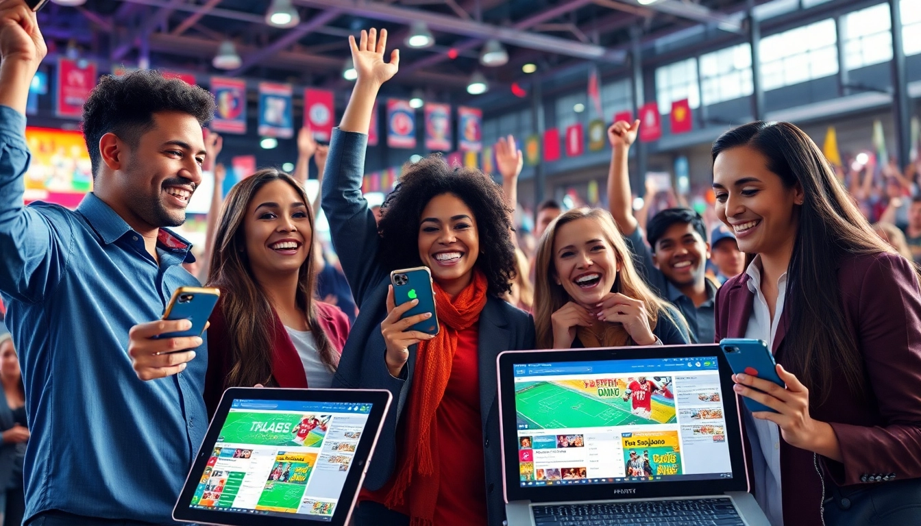 Engaging scene of users enjoying sports betting sites India with vibrant betting apps displayed on screens.