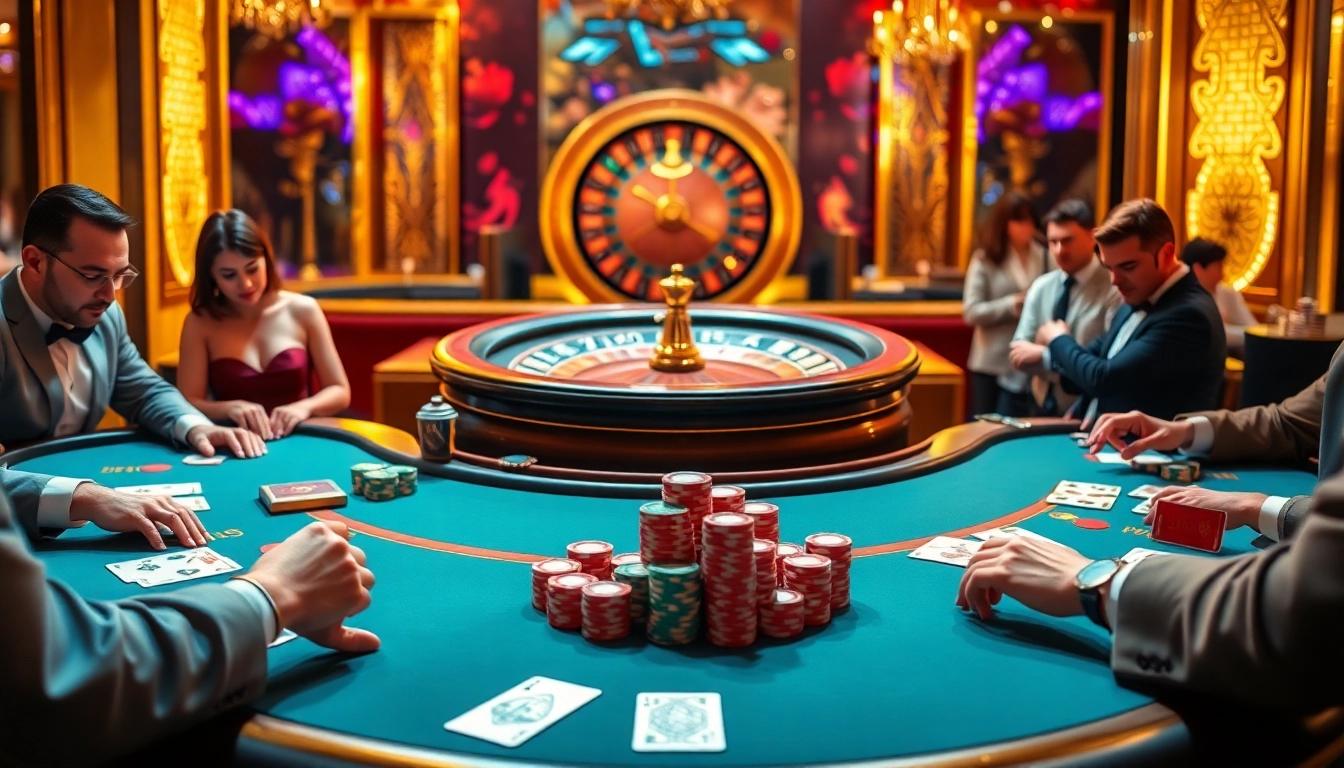 Players strategizing in an upscale casino while enjoying rikvip game bài đổi thưởng.