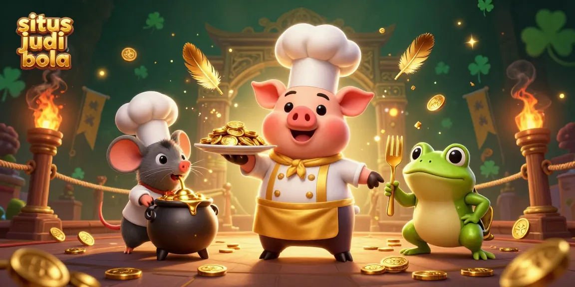 Situs judi bola gaming scene with chef pig, sous-chef mouse, and critic frog surrounded by gold coins and casino elements