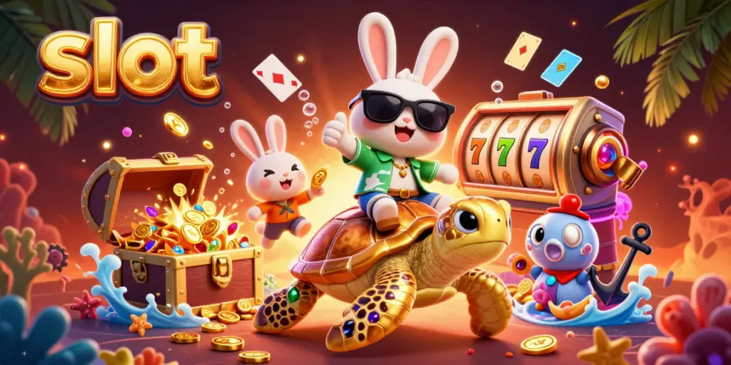 Slot yang menguntungkan dengan kelinci beruntung dan kura-kura emas di latar belakang laut.