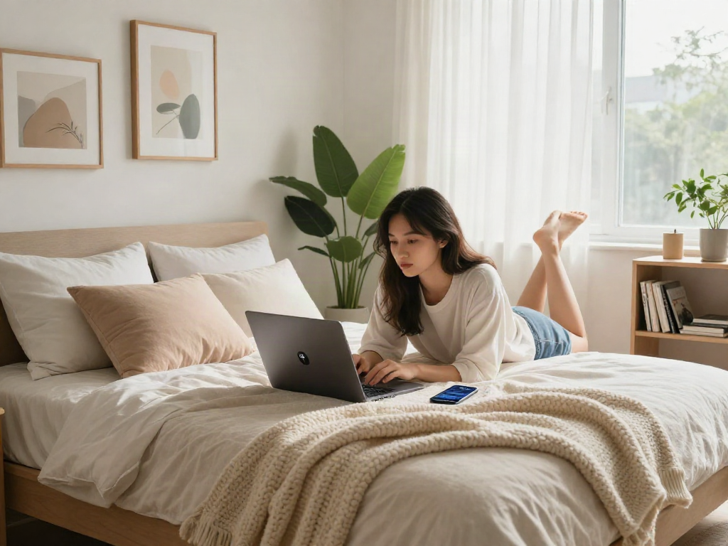 Youthful woman exploring 18+ ai content on a laptop in a stylish bedroom.