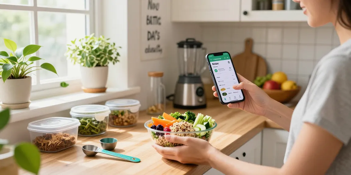 Using the best nutrition app to track healthy meals in a bright kitchen.