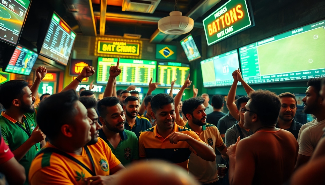 Engaging scene depicting the best sportsbooks Brazil with bettors celebrating in a vibrant sports bar.