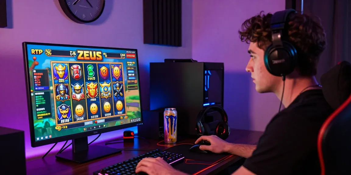 Player focused on demo zeus slot game with vibrant graphics and gaming accessories in a cozy atmosphere.