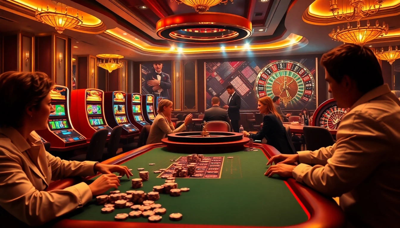 Scène passionnante de casino en ligne argent réel mettant en avant le poker, la roulette et les machines à sous.