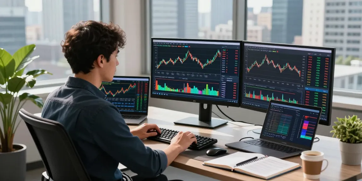 Dynamic workspace with trader using MetaTrader 5 on multiple screens showcasing technical analysis.