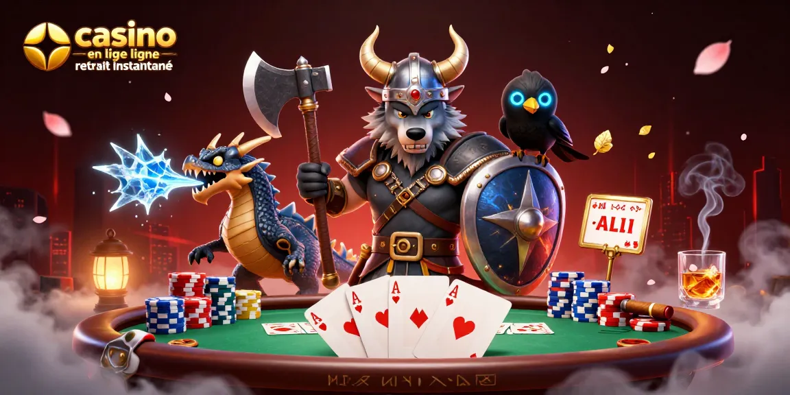 Illustration d'un casino en ligne avec retrait instantané, mettant en scène un loup viking, un dragon et des éléments de jeu.