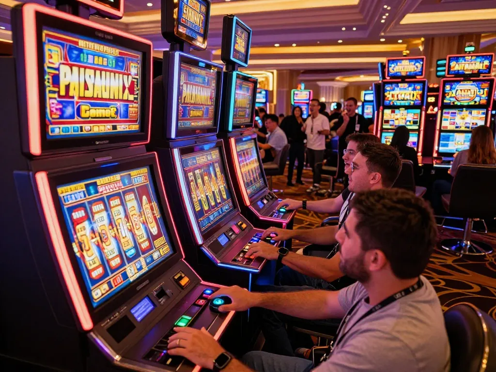 Players engaging with slot machines to unlock exciting slot bonuses in a vibrant casino setting
