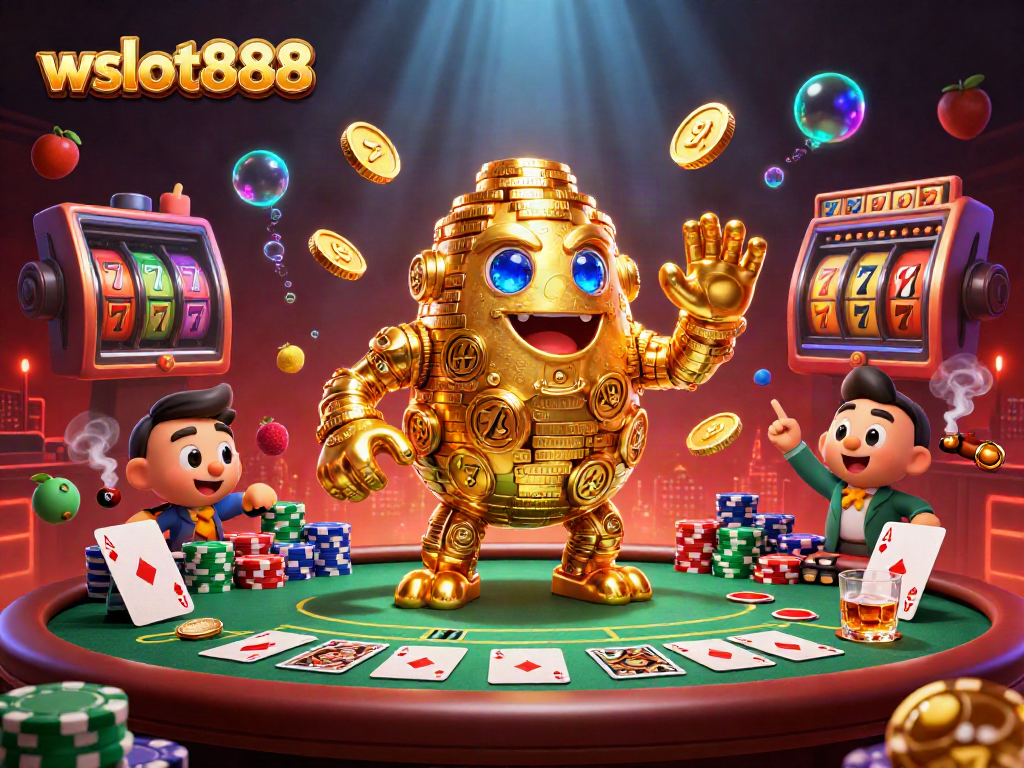 Gambarlah berbagai elemen permainan slot wslot888 dengan golem emas yang mengelilingi meja poker.