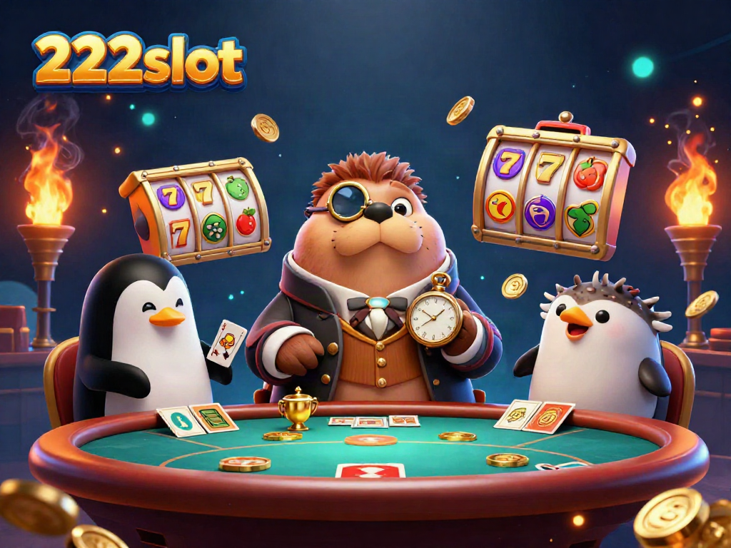 Gambarkan sesi bermain di 222slot dengan walrus, dealer penguin, dan ikan puffer di meja poker.