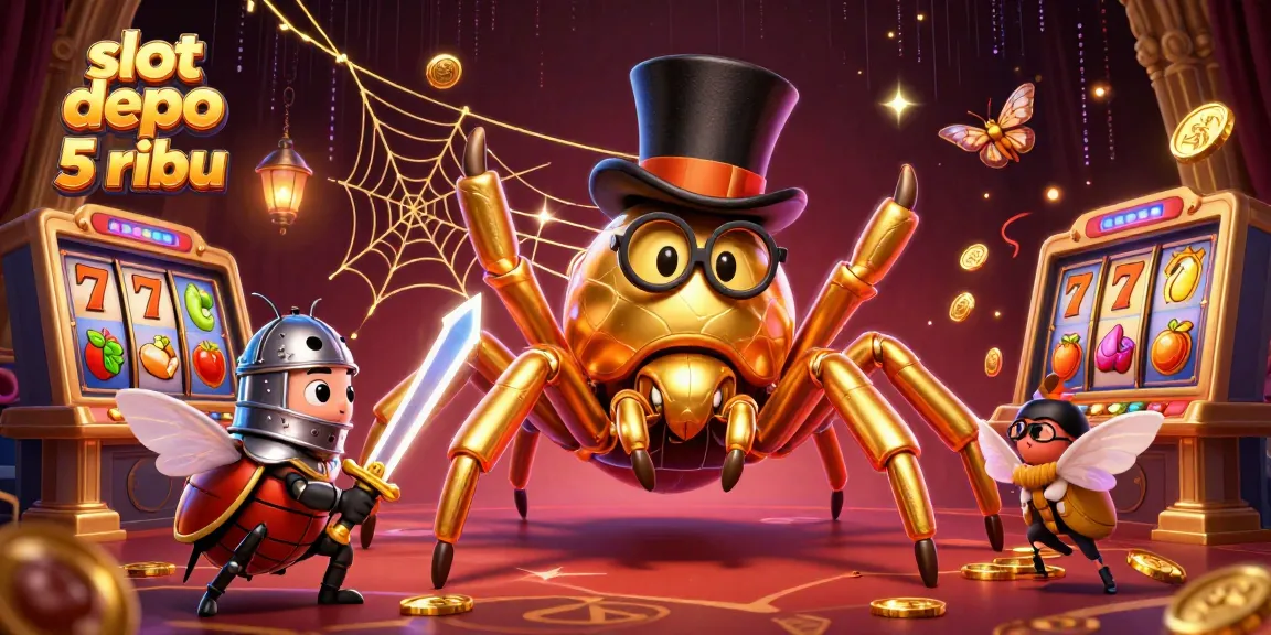 Play exciting slot depo 5 ribu games amidst a golden tarantula in this vibrant 3D casino scene.