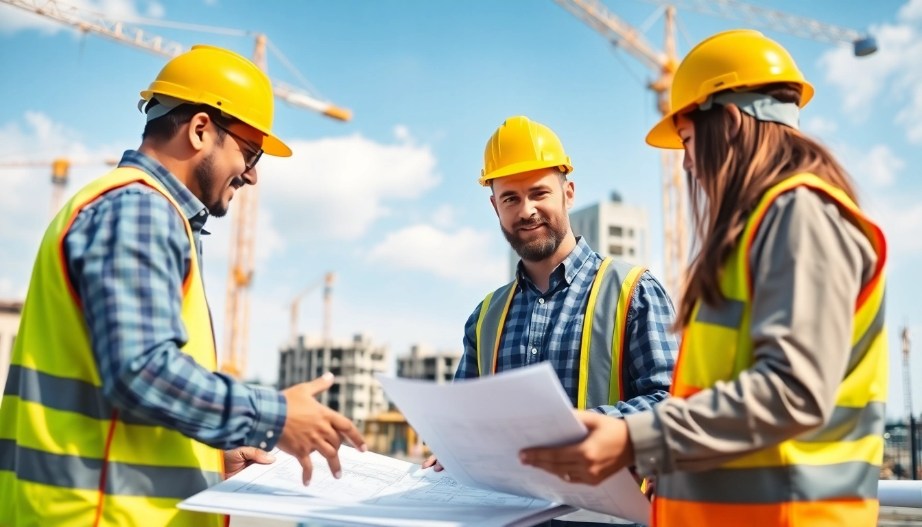 Engaged team in construction advocacy, collaborating on site with blueprints and building materials.