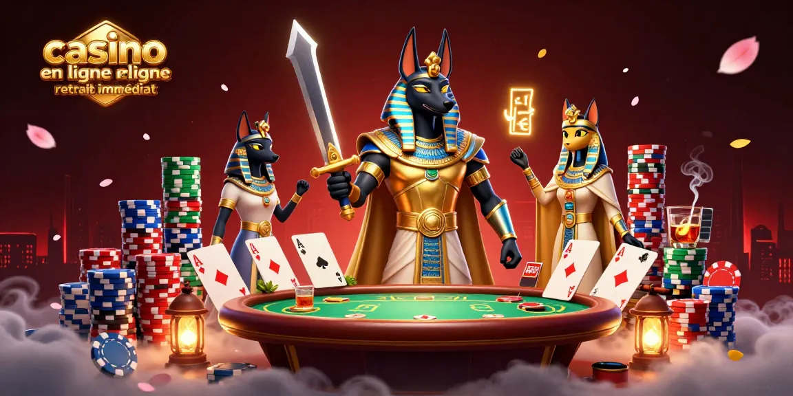 Jouez au casino en ligne retrait immédiat avec ce visuel dramatique de poker et personnages égyptiens