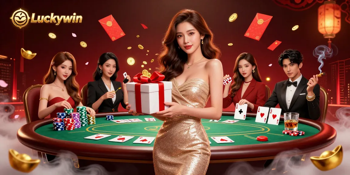 Engage with Luckywin's vibrant casino scene featuring gorgeous Asian woman celebrating with golden coins and festive decorations.