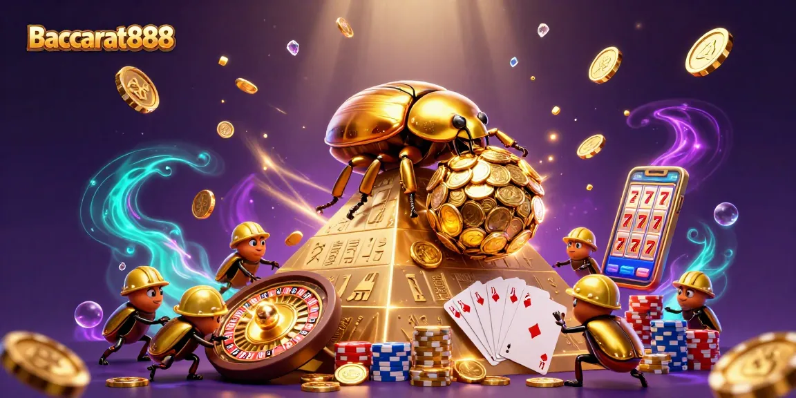 Baccarat888 showcases an igneous scene with cartoon beetles amidst cascading coins and casino elements, exemplifying vibrant gameplay.