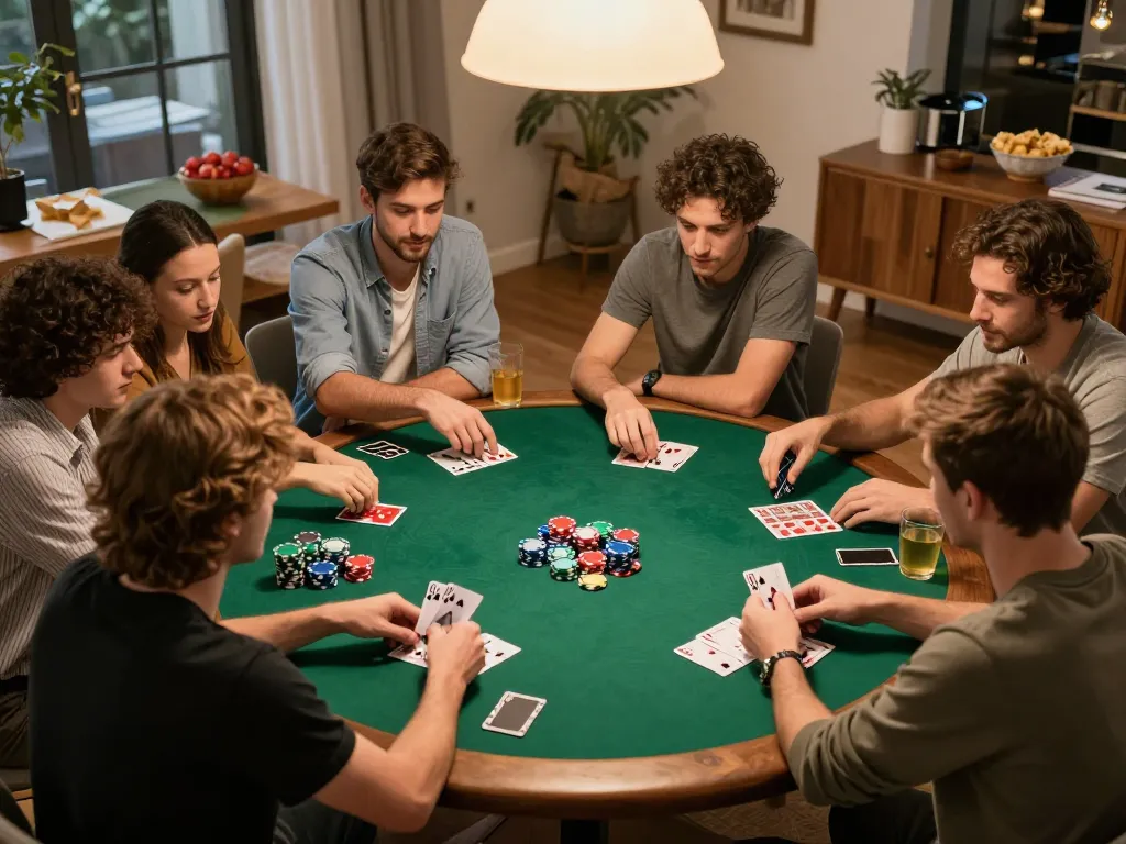 Engaging home poker night scene illustrating friends playing cards while discussing strategies, celebrating the essence of Canada online casinos reddit.