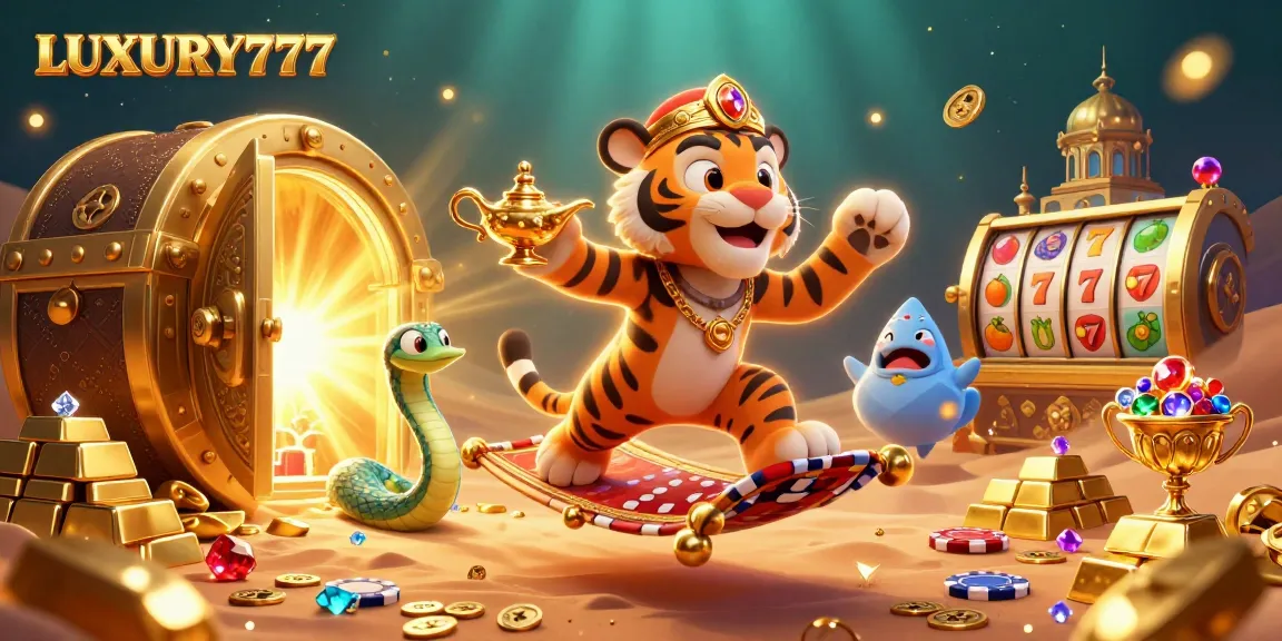LUXURY777 menang dengan permainan slot menyenangkan dalam ilustrasi kasino yang penuh harta.