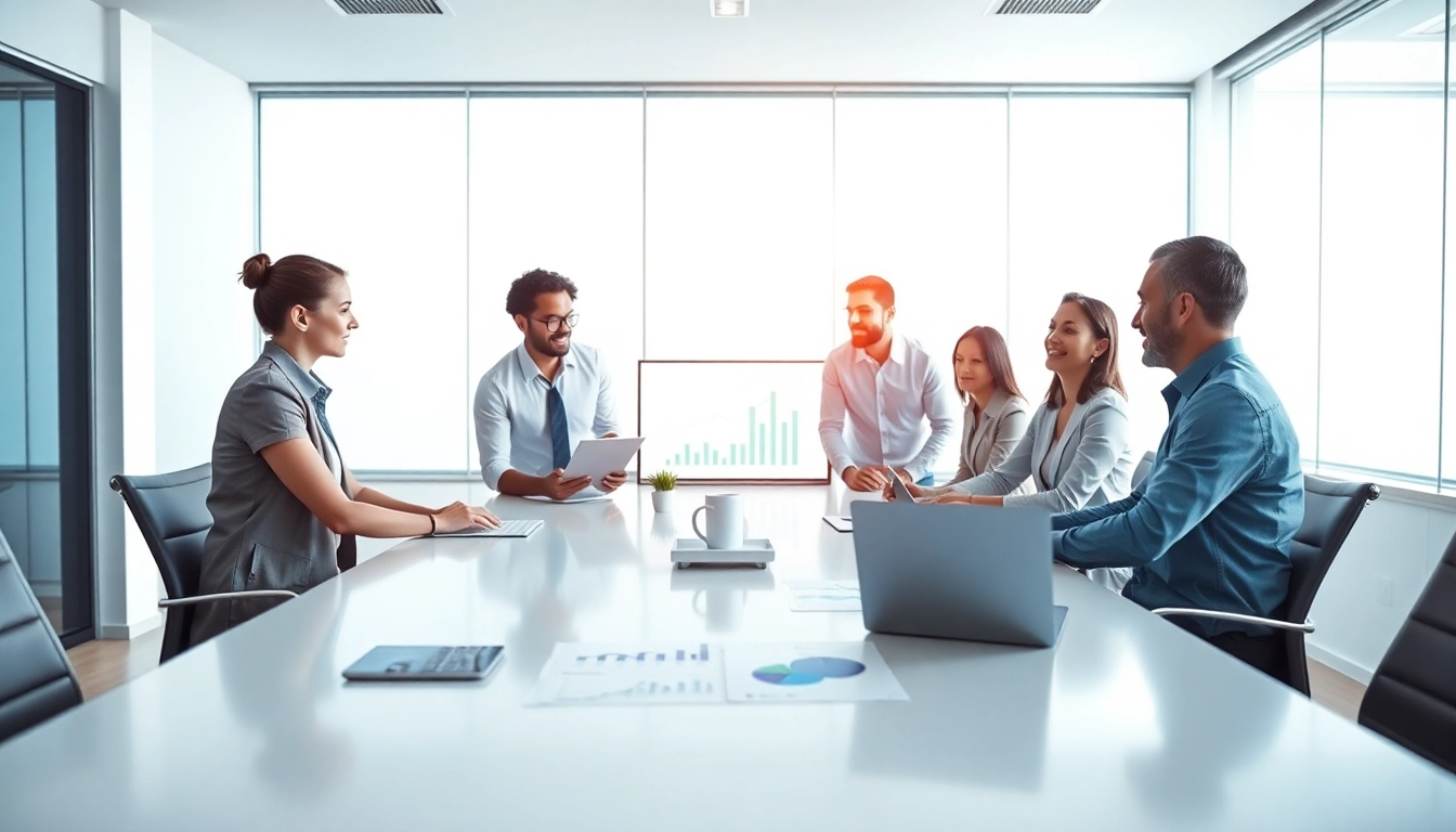 Illustration of growth strategy trends with professional team in collaboration.
