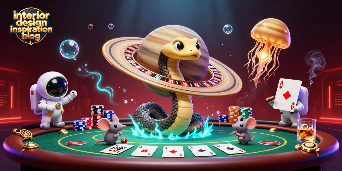 Engaging 3D scene showcasing interior design inspiration blog elements with cartoon casino characters in action