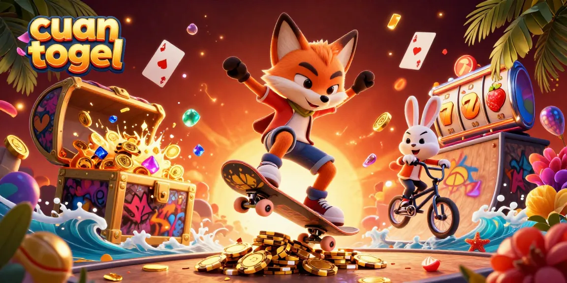 Win with cuan togel as a fox skater leaps over golden poker chips in a vibrant casino scene.