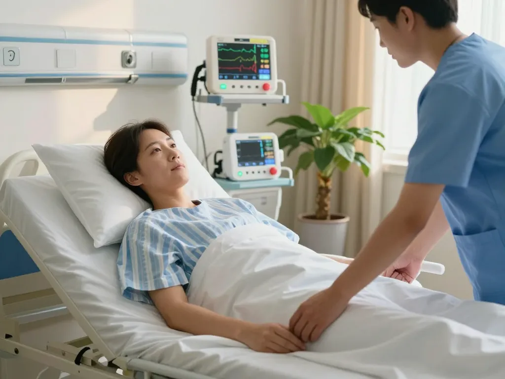 Patient adjusting giường bệnh nhân with caregiver support in a warm hospital room.