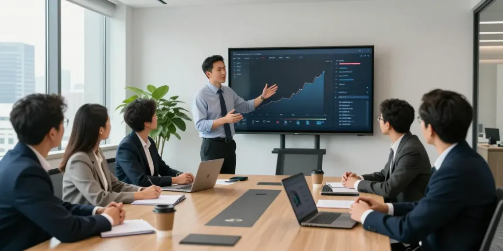 Engaged executives discussing PedroVazPaulo Executive Coaching strategies in a modern conference room.
