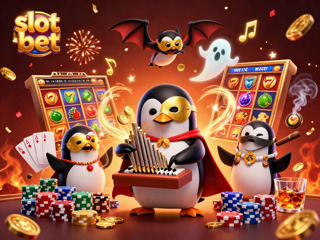 Engage in slot bet kecil action featuring a golden penguin organist amidst vibrant casino elements.