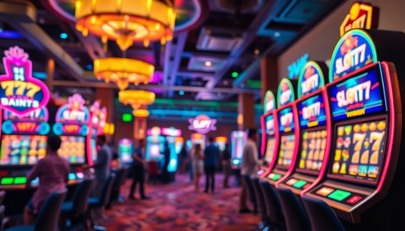 Permainan Slot77 yang menarik di mesin slot penuh warna dengan suasana kasino yang hidup.