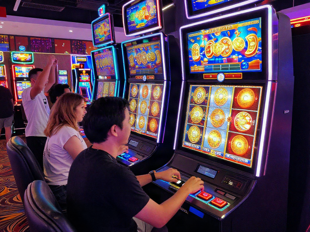Player at a slot machine experiencing an exciting slot bonus in a vibrant casino atmosphere