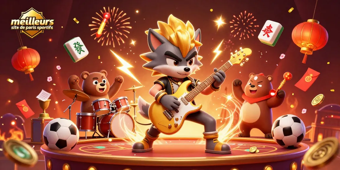 Meilleurs site de paris sportifs : un loup rock star et un ours batteur sur scène de casino avec des éléments de paris.