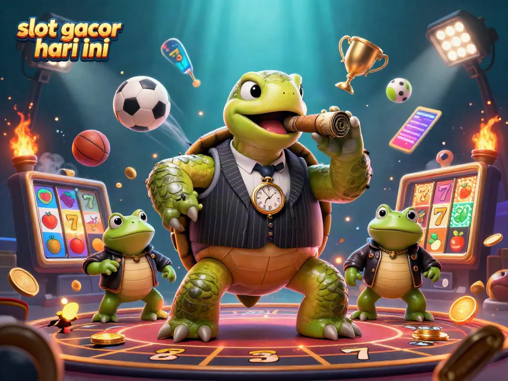 Slot gacor hari ini dengan ilustrasi kartun 3D yang menampilkan kura-kura besar berpakaian vintage dan pendukung katak di kasino.