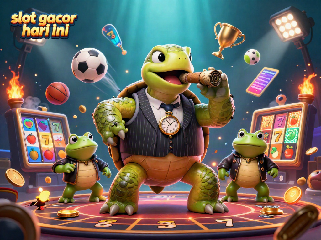Slot gacor hari ini dengan ilustrasi kartun 3D yang menampilkan kura-kura besar berpakaian vintage dan pendukung katak di kasino.