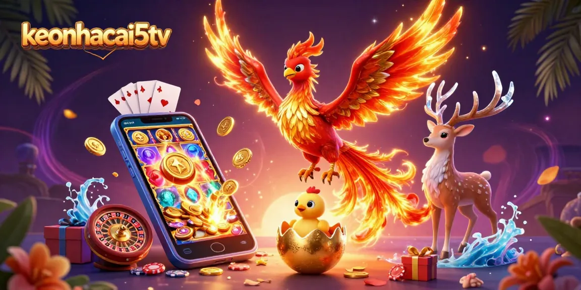 Engage with keonhacai5tv's vibrant casino adventure featuring a phoenix and gaming elements.