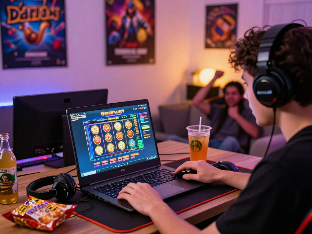 Player enjoying uk bonus buy slots on a laptop in a cozy gaming room.