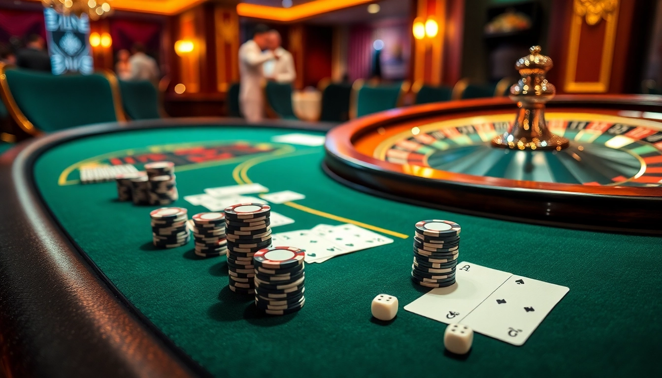 Scène de casino en ligne fiable mettant en avant une table de blackjack avec des cartes élégantes et des jetons de poker.