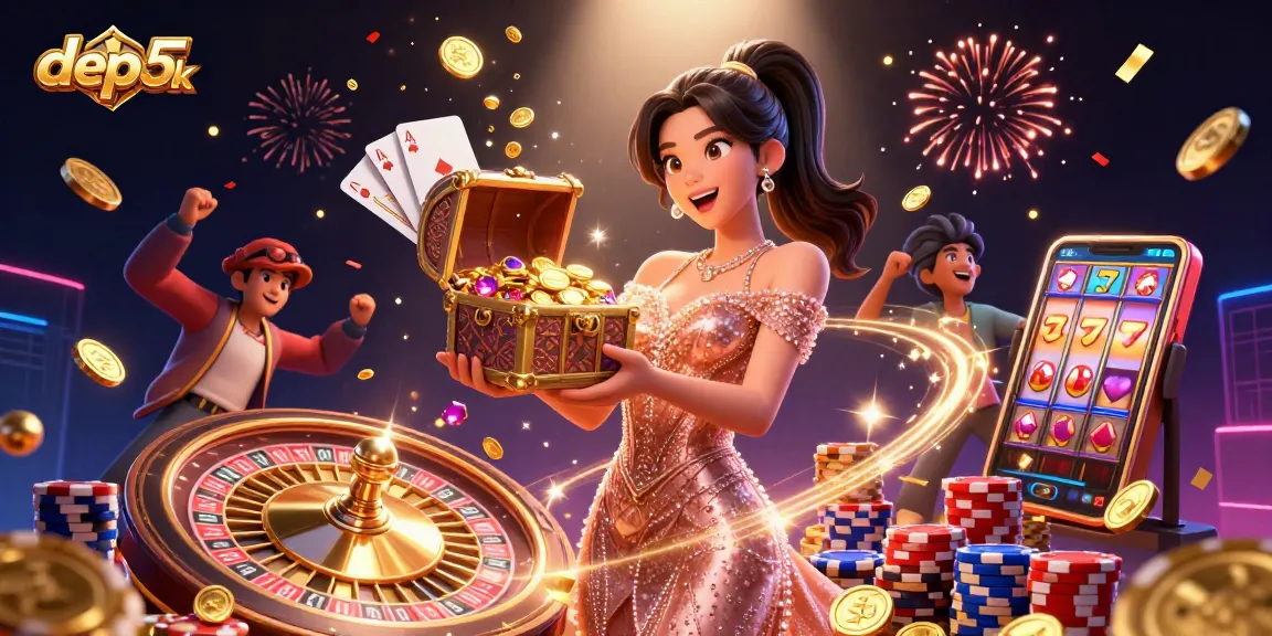 Experience the thrill of depo 5k slots with vibrant graphics and dynamic casino elements.
