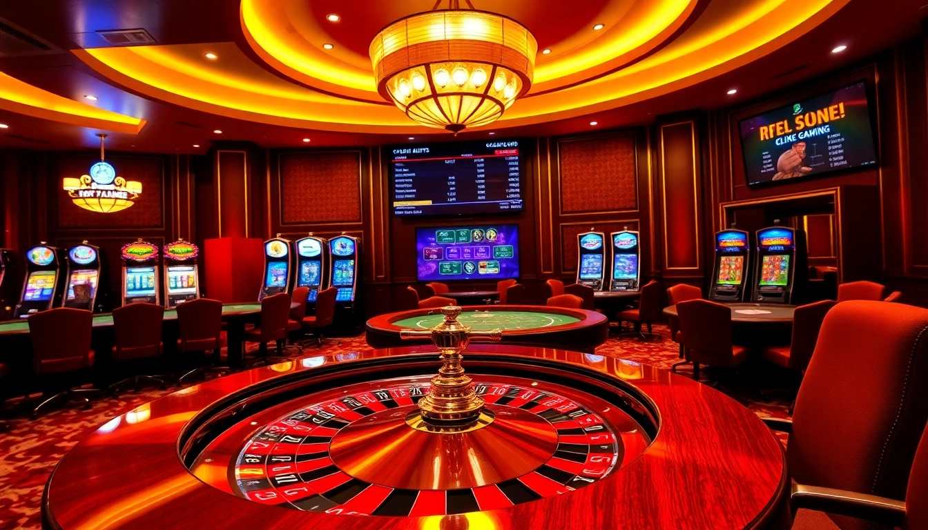 Atmosphère excitante de casino en ligne argent réel avec roulette, tables de poker et machines à sous vibrantes.