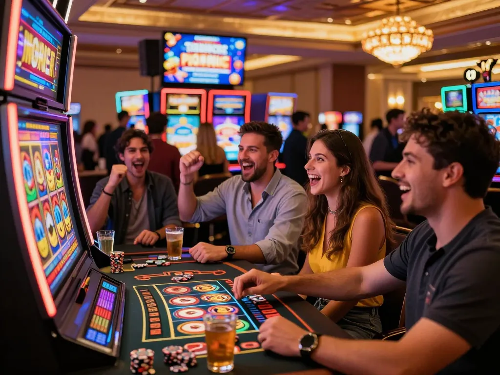 Friends celebrating a win at a link slot machine in a vibrant casino setting.