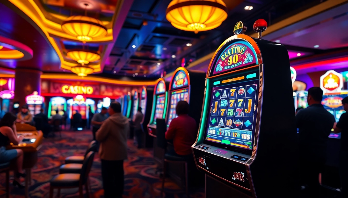 Menangkan game slot88 dengan mesin slot berwarna-warni di kasino yang ramai.
